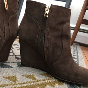 Tory Burch brown suede wedge booties